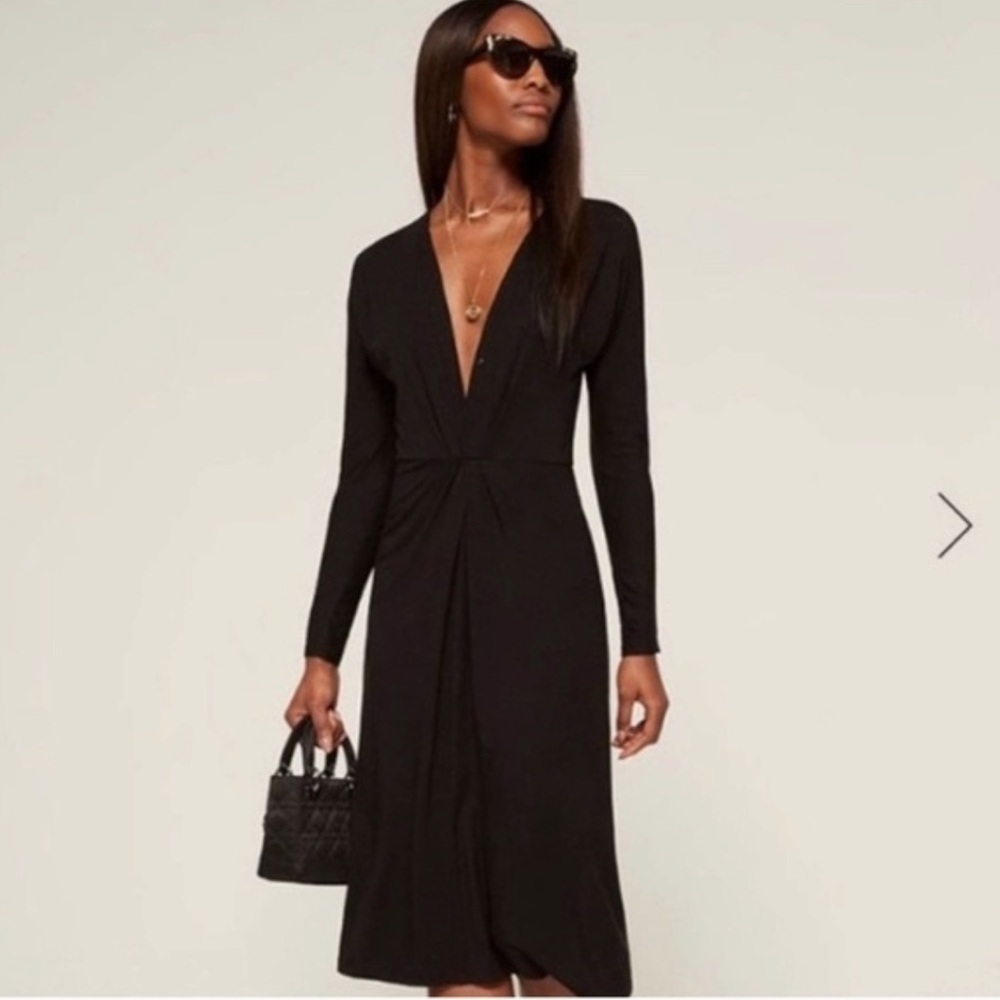 REFORMATION Carter Midi Plunge Deep V-neck Black Dress